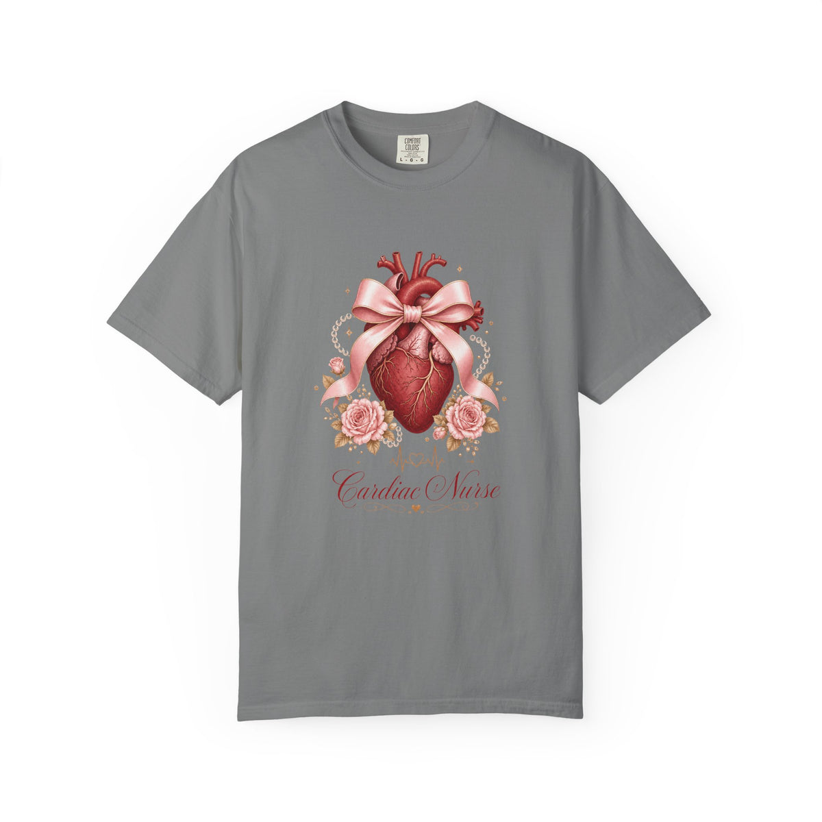 Cardiac Nurse anatomical heart, pink bow and roses Comfort Colors 1717 tee in Grey