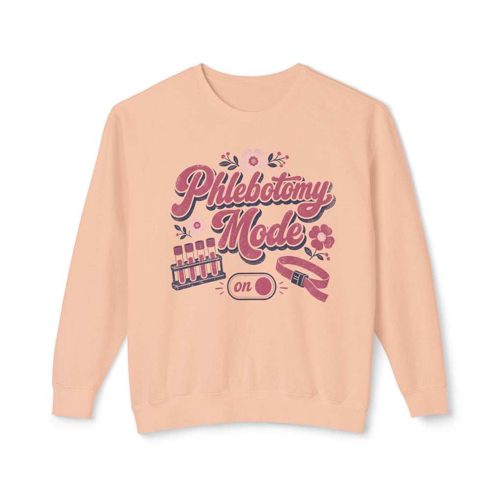 Phlebotomy Mode On Comfort Colors sweatshirt in Peachy, front view on white