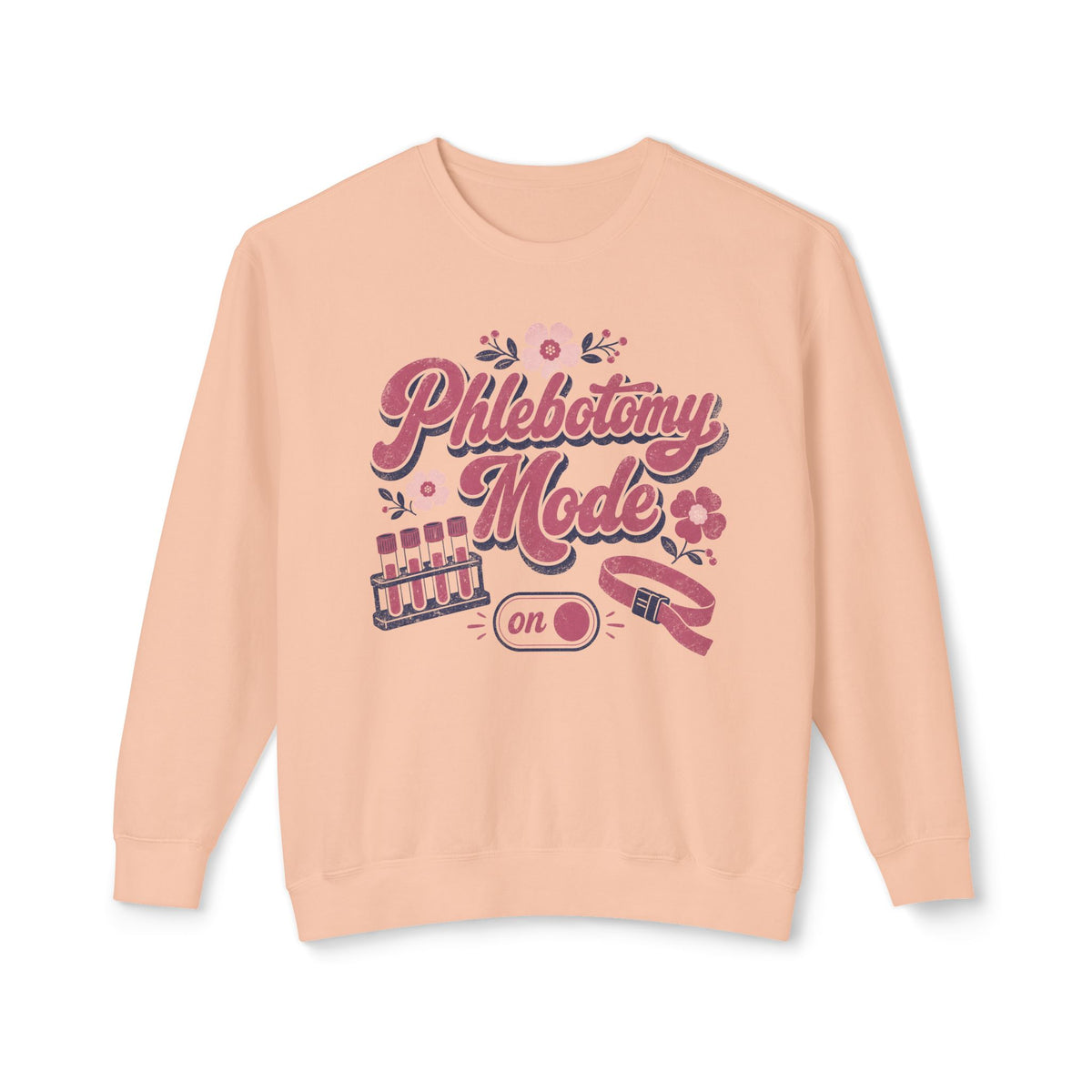 Phlebotomy Mode On Comfort Colors sweatshirt in Peachy, front view on white