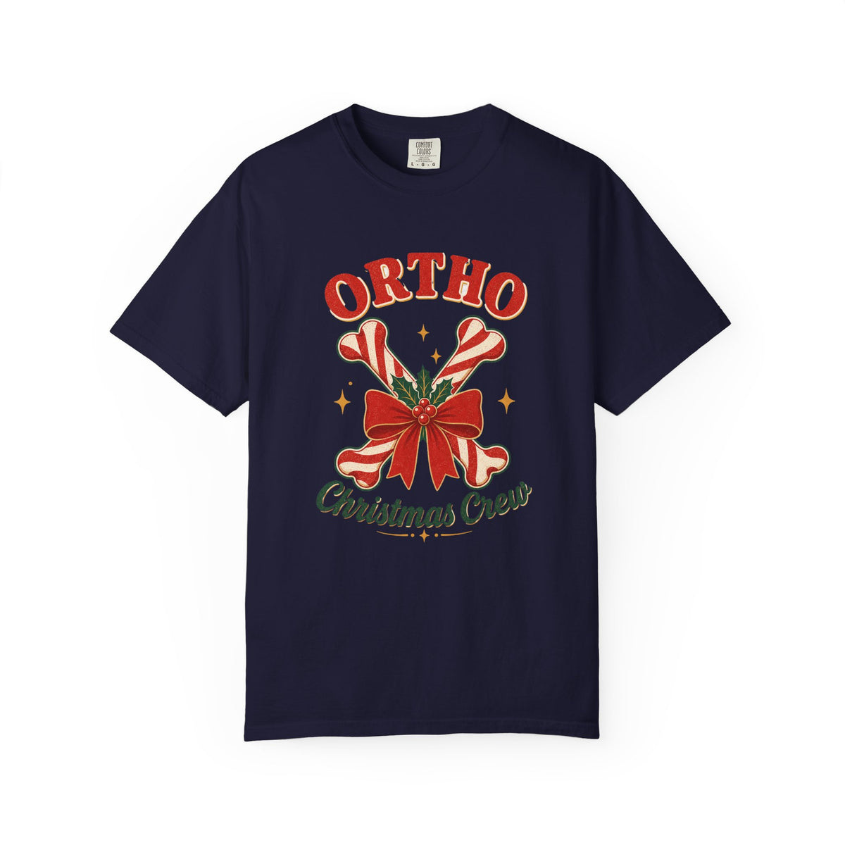 Ortho Christmas Crew candy-cane bones Comfort Colors 1717 tee in True Navy