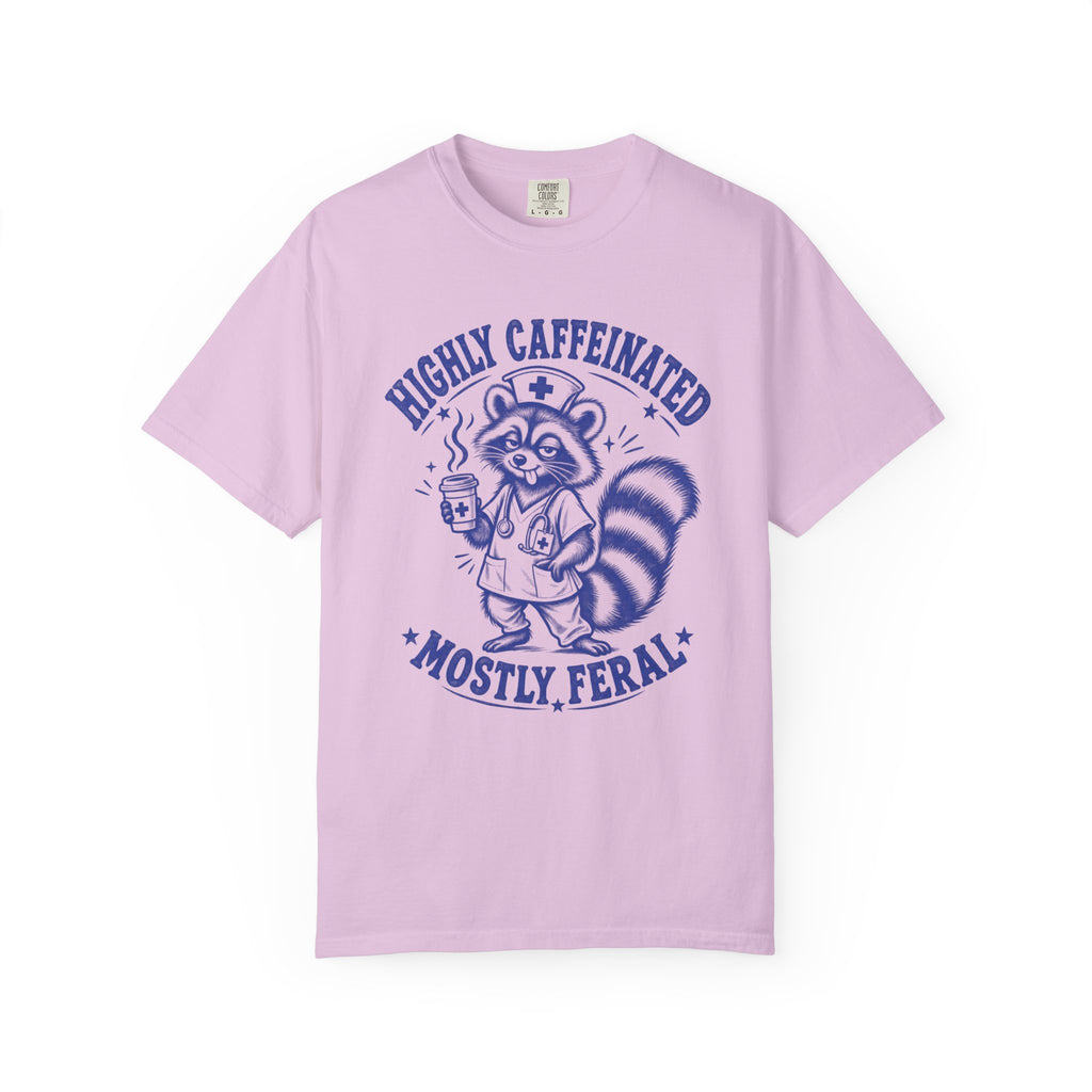 Highly Caffeinated Mostly Feral Raccoon Shirt in Orchid