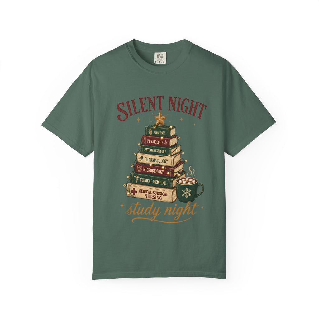 Silent Night Study Night medical textbook Christmas tree Comfort Colors 1717 tee in Blue Spruce