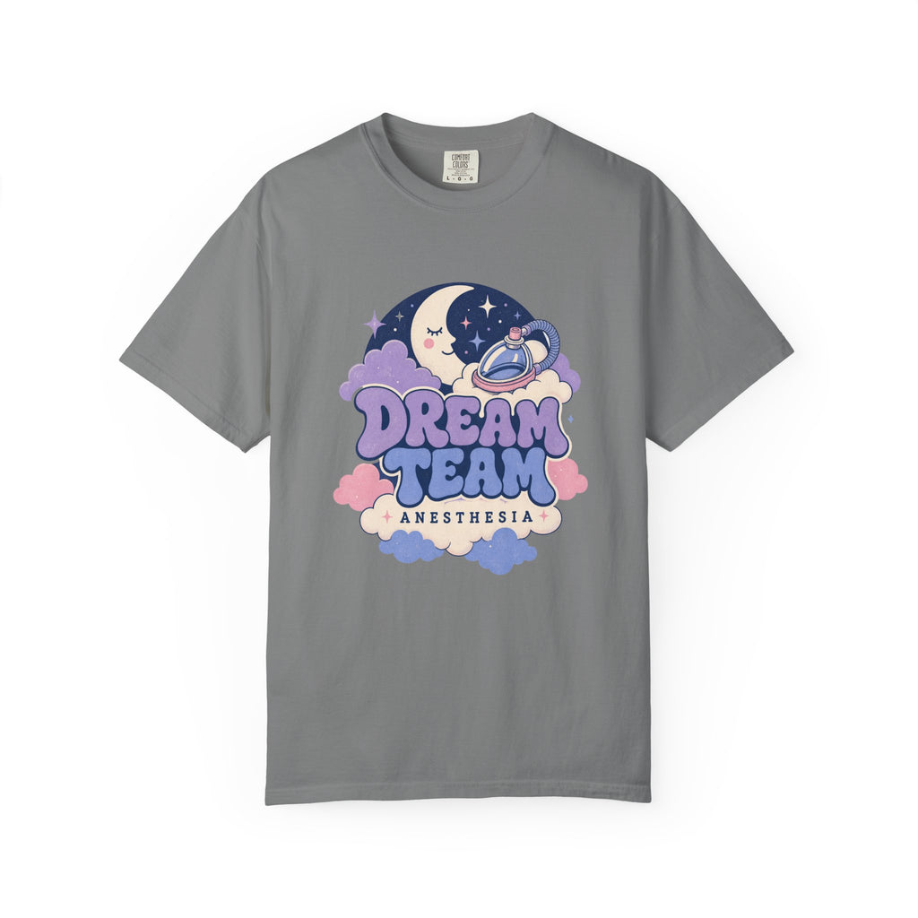 Dream Team Anesthesia moon, clouds and anesthesia mask Comfort Colors 1717 tee in Grey