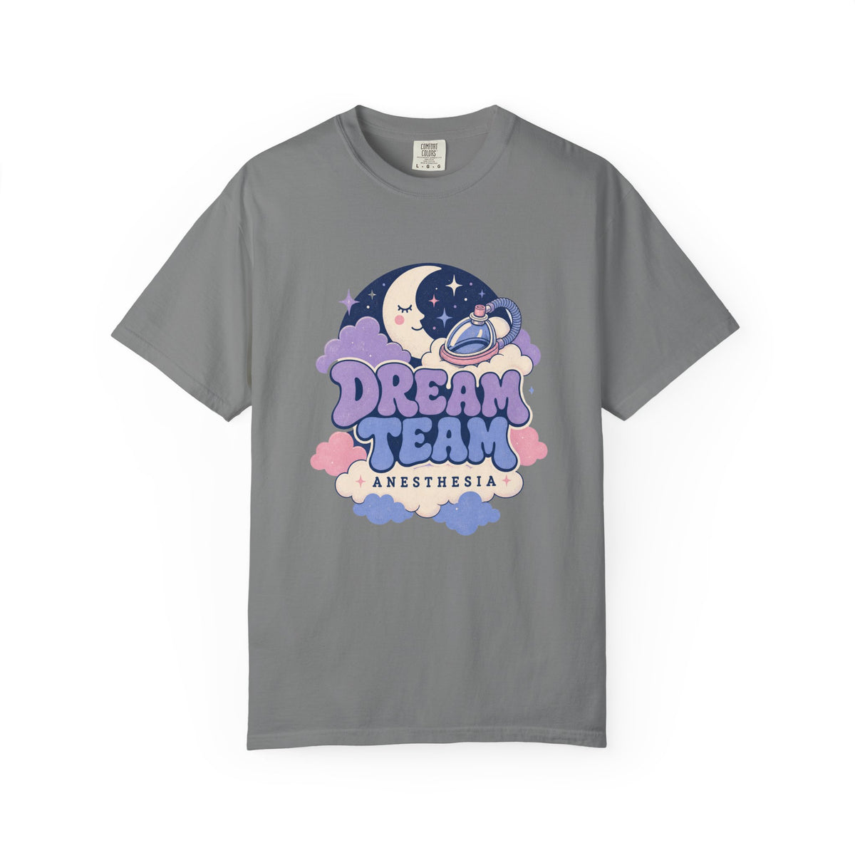 Dream Team Anesthesia moon, clouds and anesthesia mask Comfort Colors 1717 tee in Grey