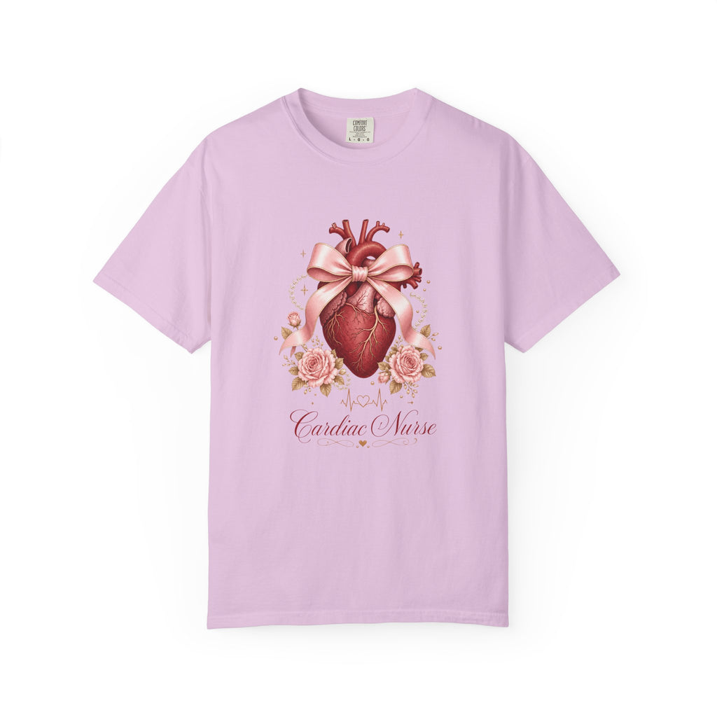 Cardiac Nurse anatomical heart, pink bow and roses Comfort Colors 1717 tee in Orchid
