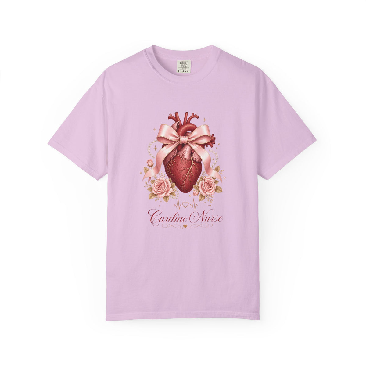 Cardiac Nurse anatomical heart, pink bow and roses Comfort Colors 1717 tee in Orchid