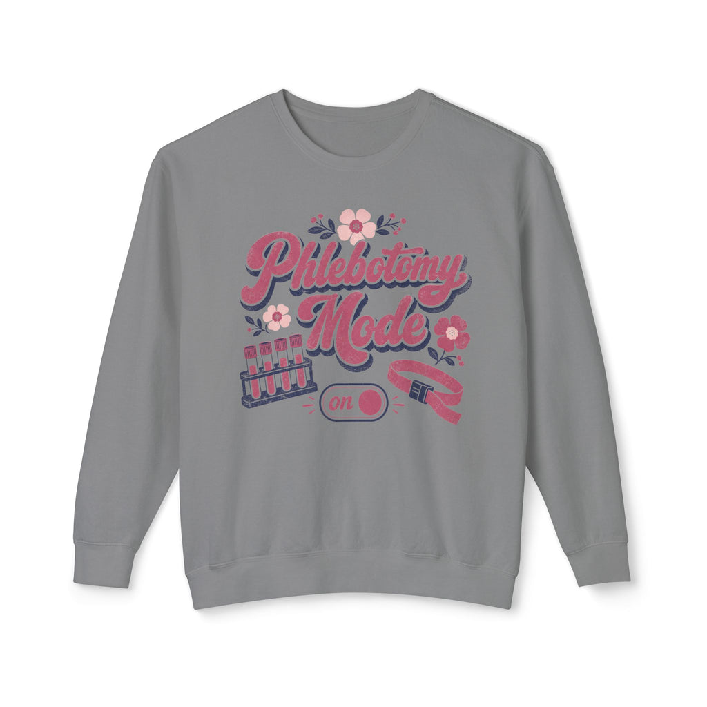 Phlebotomy Mode On Comfort Colors sweatshirt in Grey, front view on white