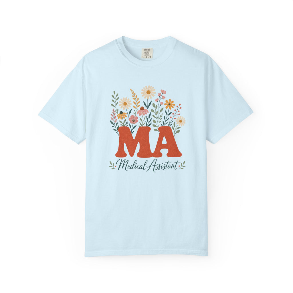 Floral Medical Assistant MA Comfort Colors 1717 tee in Chambray