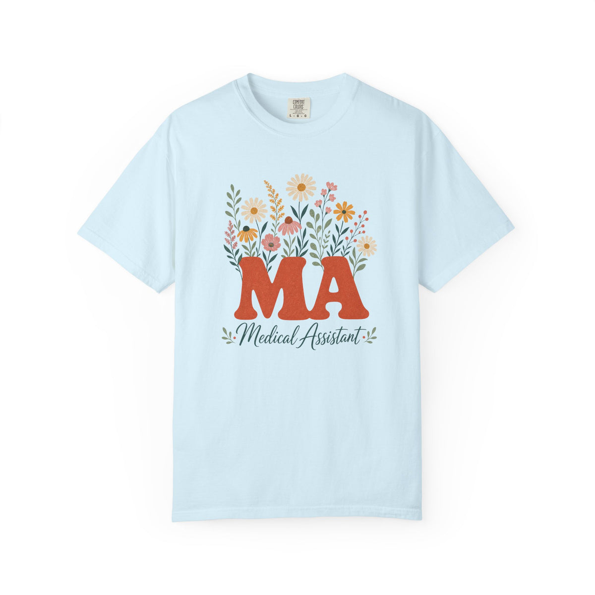 Floral Medical Assistant MA Comfort Colors 1717 tee in Chambray