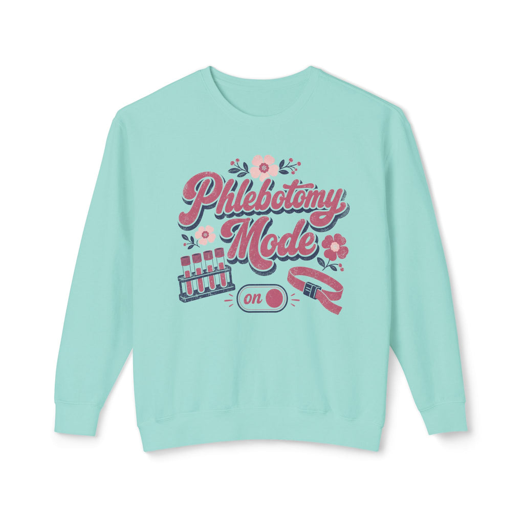 Phlebotomy Mode On Comfort Colors sweatshirt in Chalky Mint, front view on white