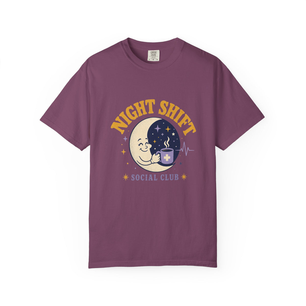 Night Shift Social Club moon and coffee Comfort Colors 1717 tee in Berry