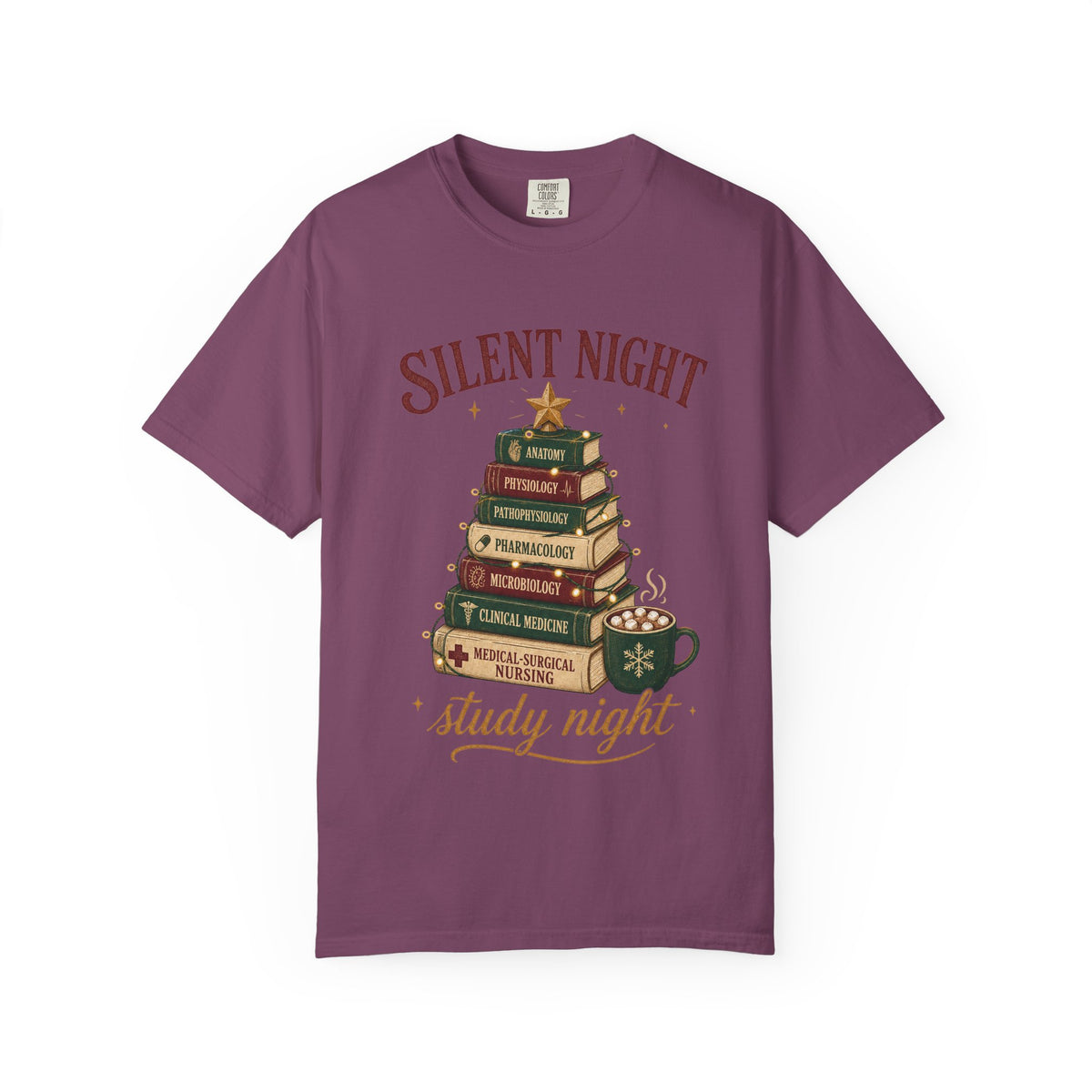 Silent Night Study Night medical textbook Christmas tree Comfort Colors 1717 tee in Berry