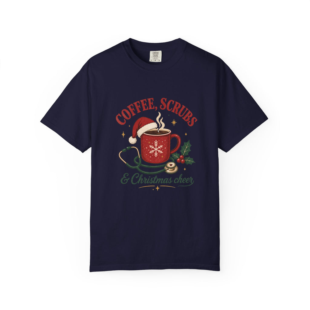 Coffee Scrubs and Christmas Cheer printed Comfort Colors 1717 tee in True Navy