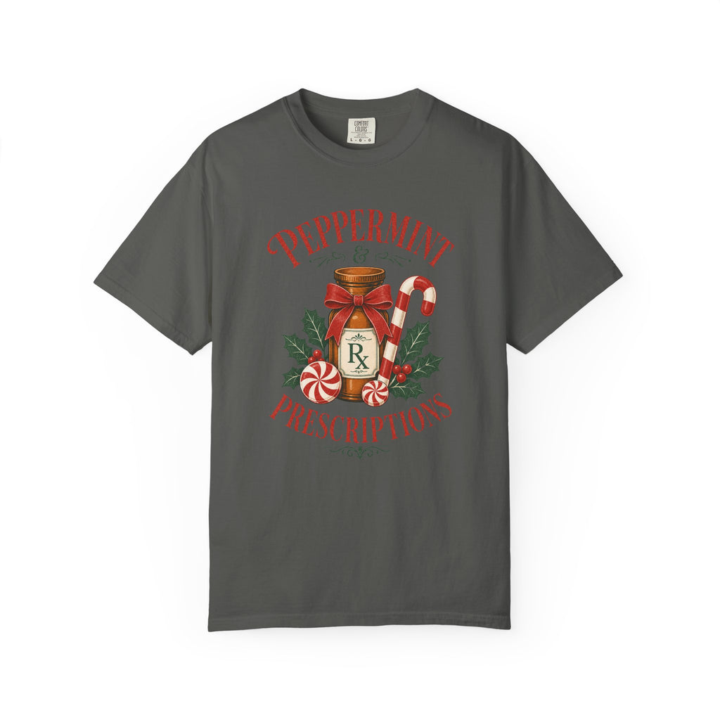 Peppermint and Prescriptions Rx bottle Christmas Comfort Colors 1717 tee in Pepper