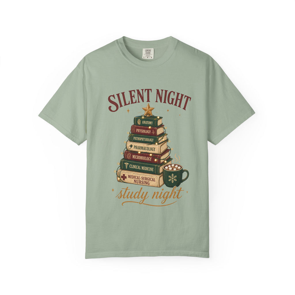 Silent Night Study Night medical textbook Christmas tree Comfort Colors 1717 tee in Bay