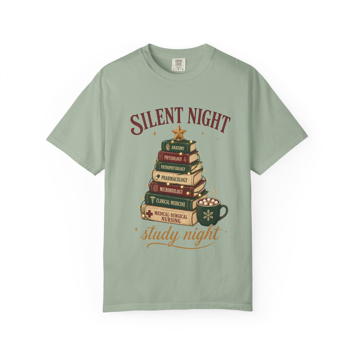 Silent Night Study Night medical textbook Christmas tree Comfort Colors 1717 tee in Bay