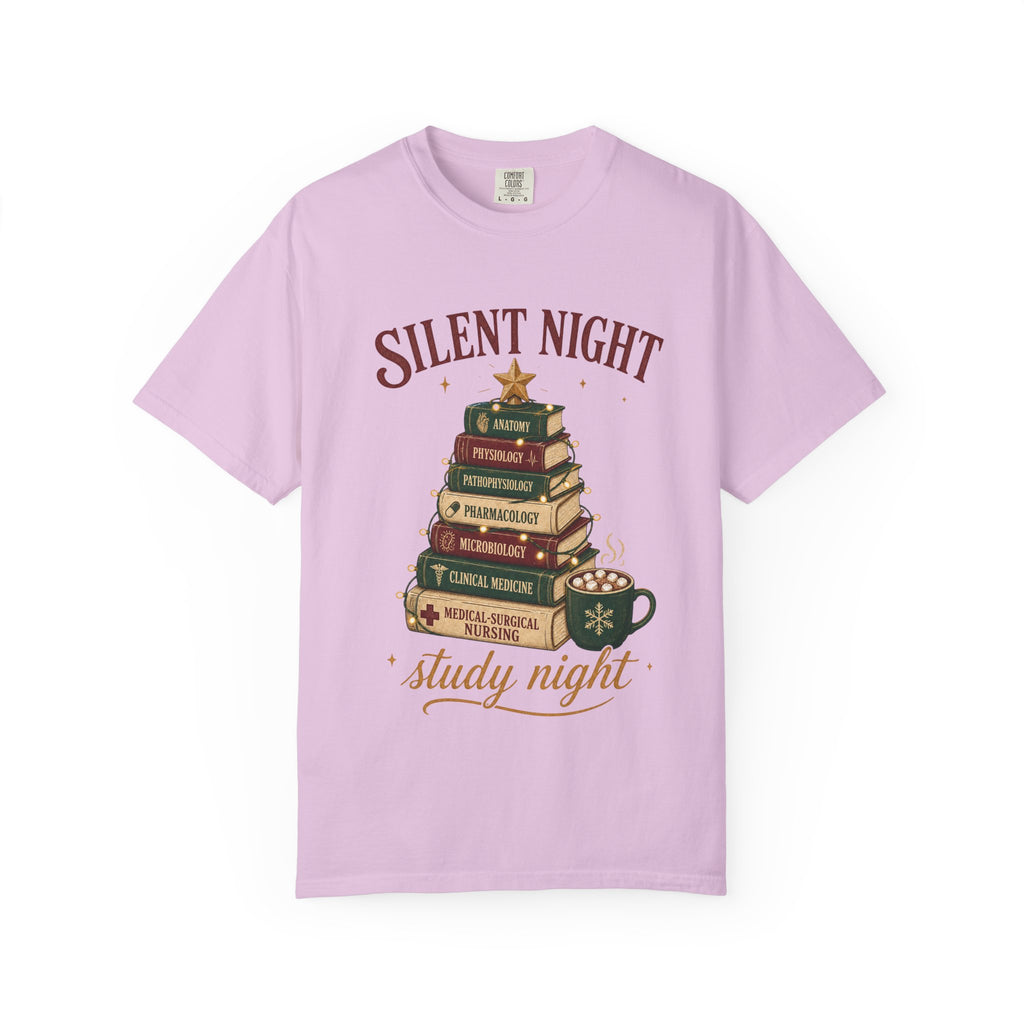 Silent Night Study Night medical textbook Christmas tree Comfort Colors 1717 tee in Orchid