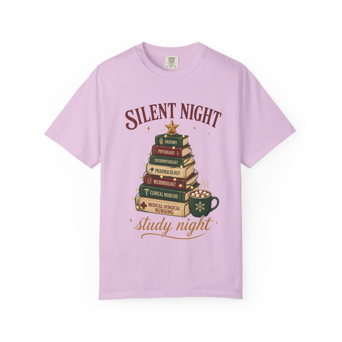 Silent Night Study Night medical textbook Christmas tree Comfort Colors 1717 tee in Orchid