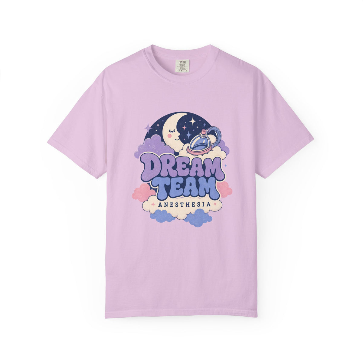 Dream Team Anesthesia moon, clouds and anesthesia mask Comfort Colors 1717 tee in Orchid