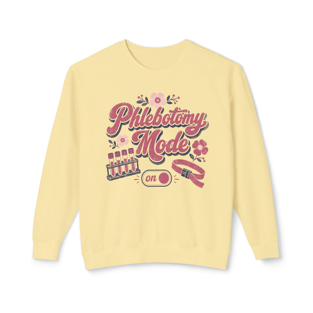 Phlebotomy Mode On Comfort Colors sweatshirt in Butter, front view on white