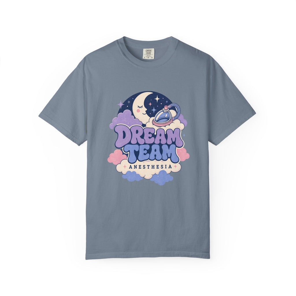 Dream Team Anesthesia moon, clouds and anesthesia mask Comfort Colors 1717 tee in Blue Jean