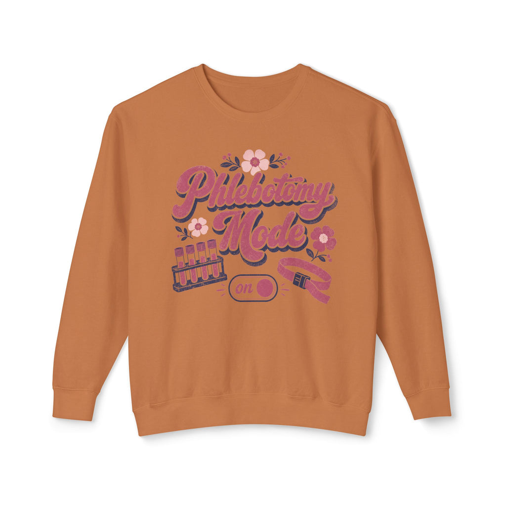 Phlebotomy Mode On Comfort Colors sweatshirt in Yam, front view on white