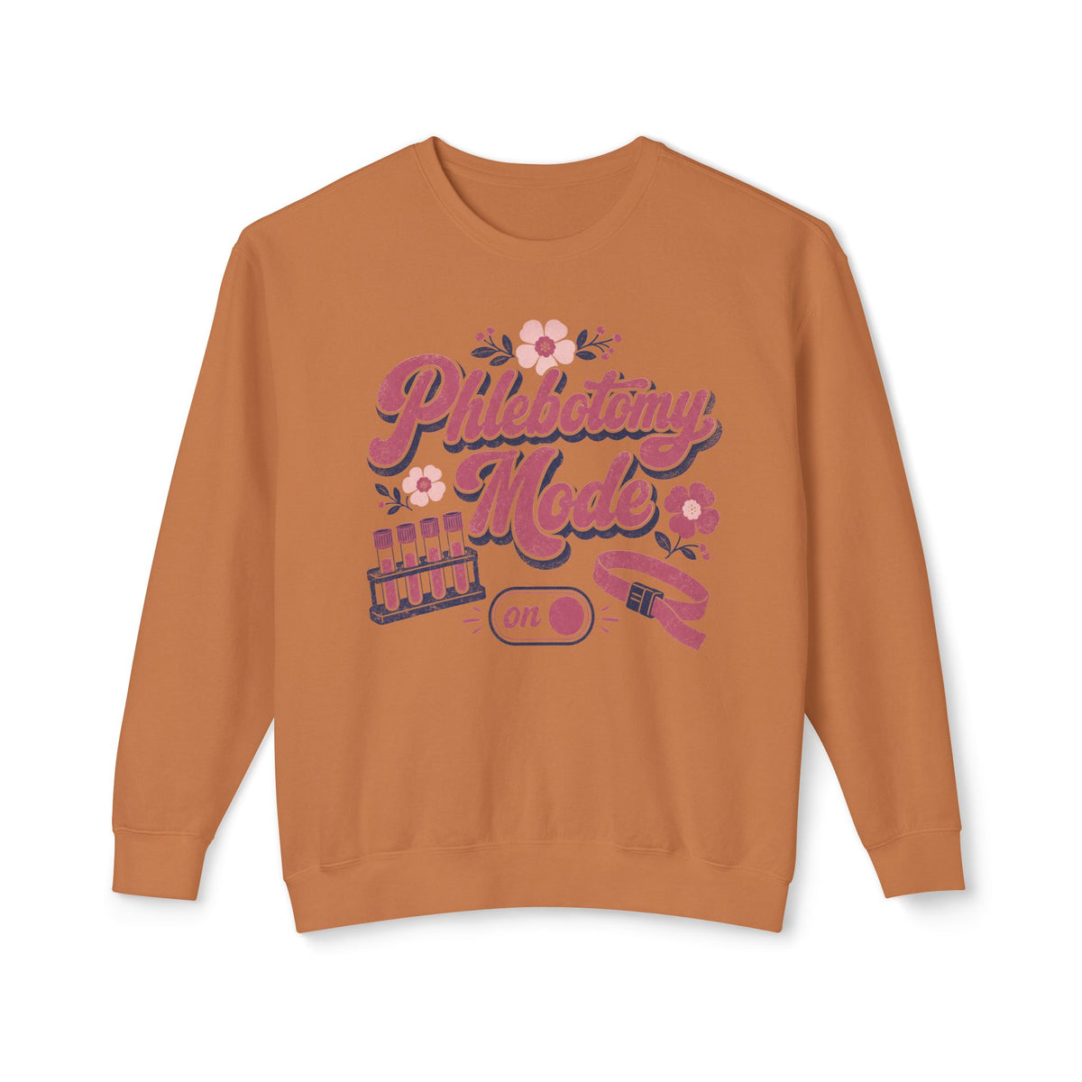 Phlebotomy Mode On Comfort Colors sweatshirt in Yam, front view on white