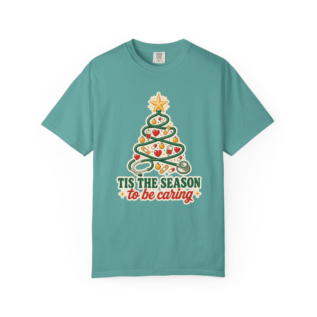Tis the Season to Be Caring stethoscope Christmas tree Comfort Colors 1717 tee in Seafoam