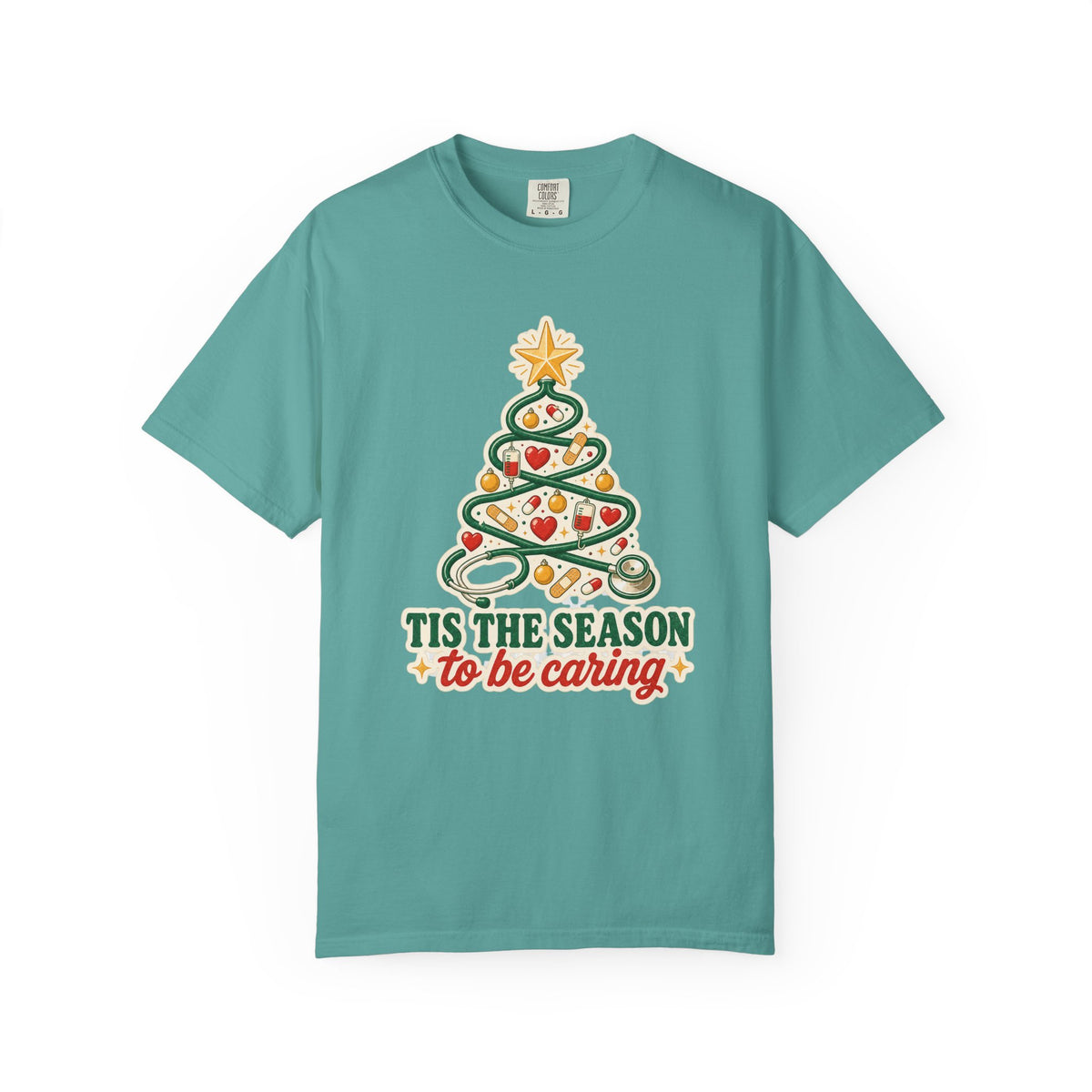 Tis the Season to Be Caring stethoscope Christmas tree Comfort Colors 1717 tee in Seafoam