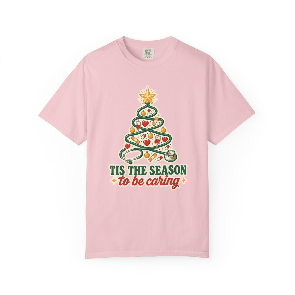 Tis the Season to Be Caring stethoscope Christmas tree Comfort Colors 1717 tee in Blossom