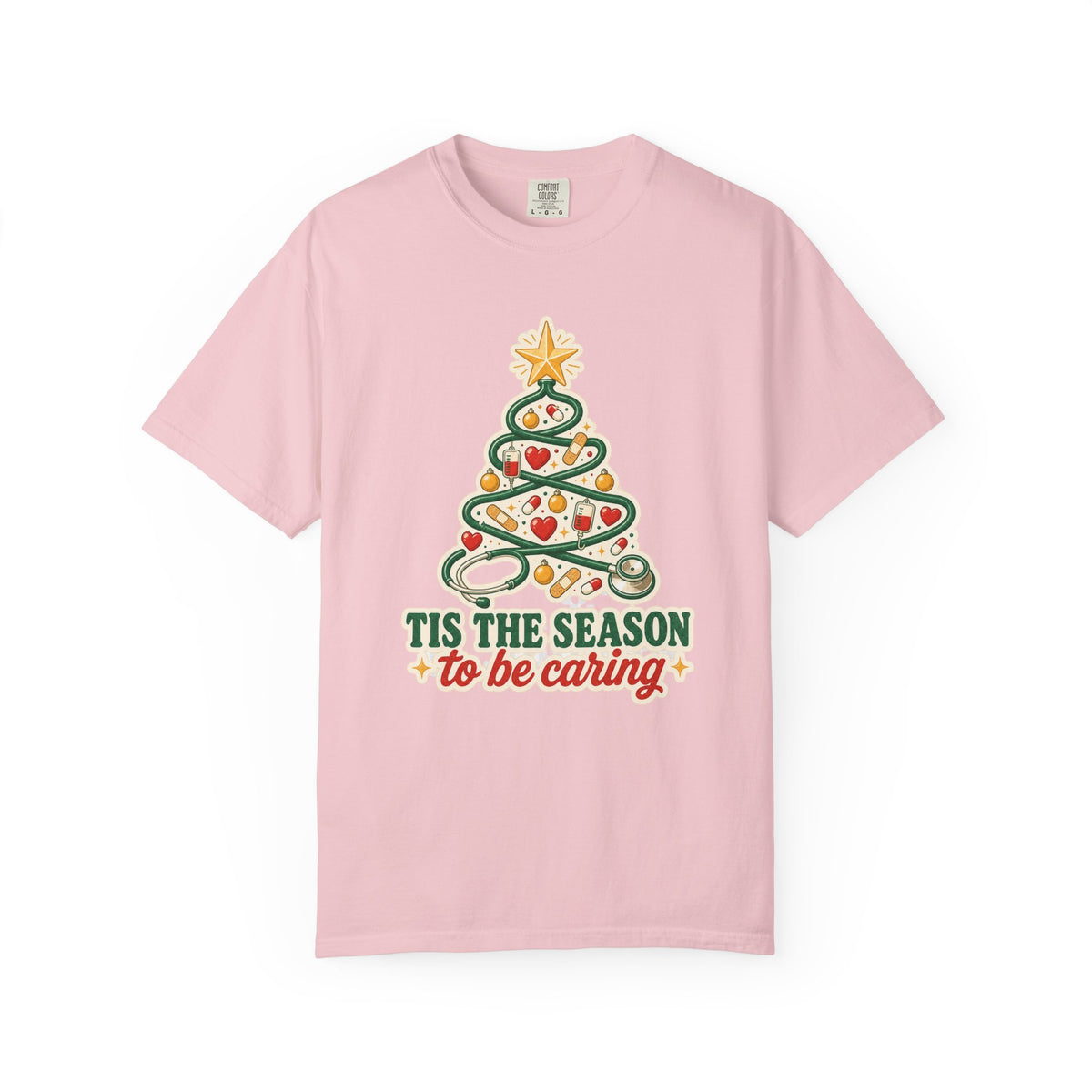 Tis the Season to Be Caring stethoscope Christmas tree Comfort Colors 1717 tee in Blossom