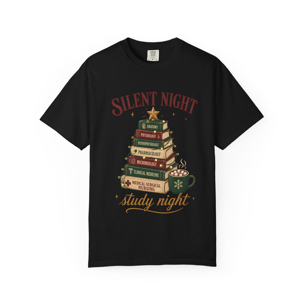 Silent Night Study Night medical textbook Christmas tree Comfort Colors 1717 tee in Black
