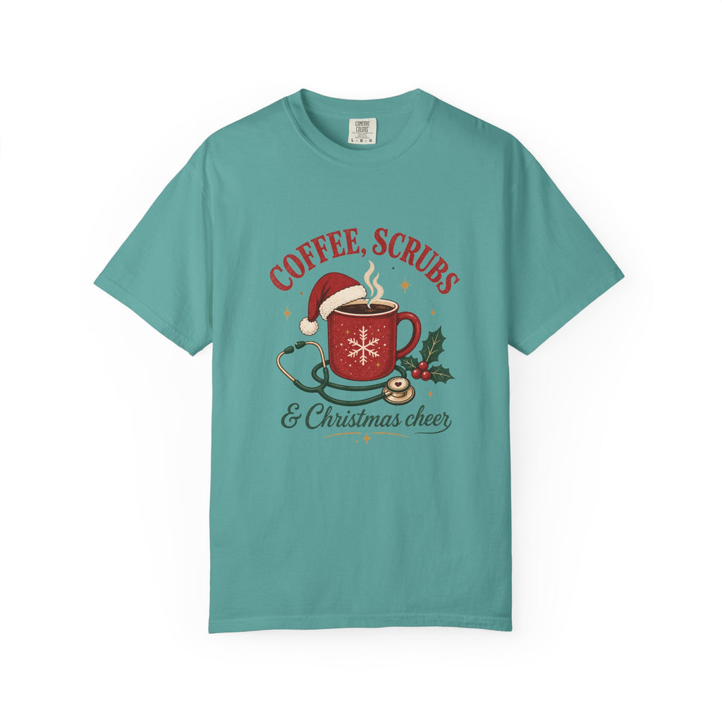 Coffee Scrubs and Christmas Cheer printed Comfort Colors 1717 tee in Seafoam