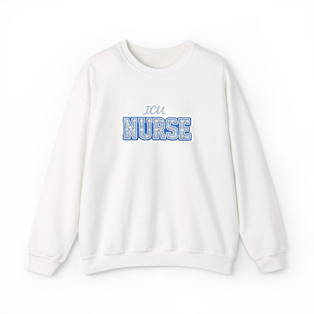 ICU Nurse Collegiate Embroidered Sweatshirt in White