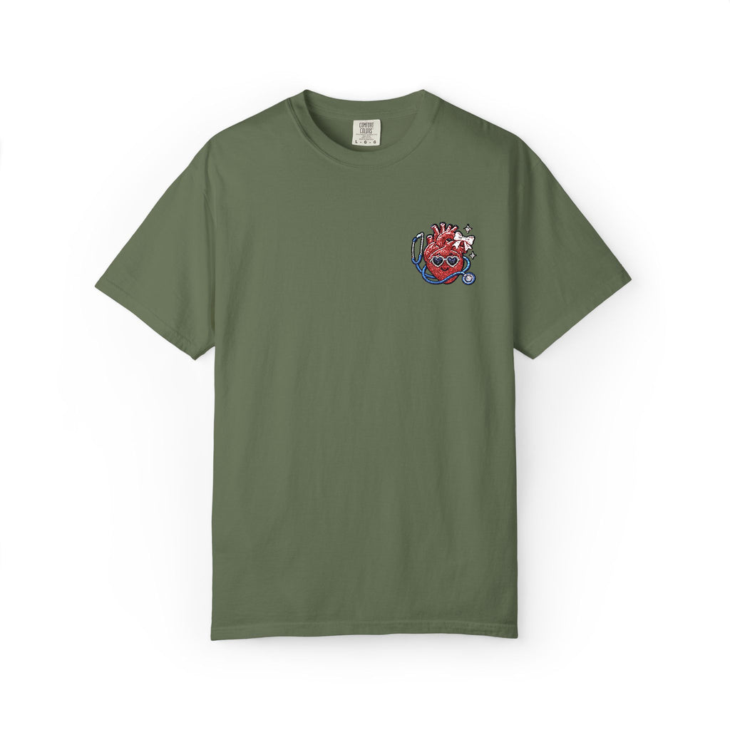 Cute Anatomical Heart Embroidered Shirt in Sage