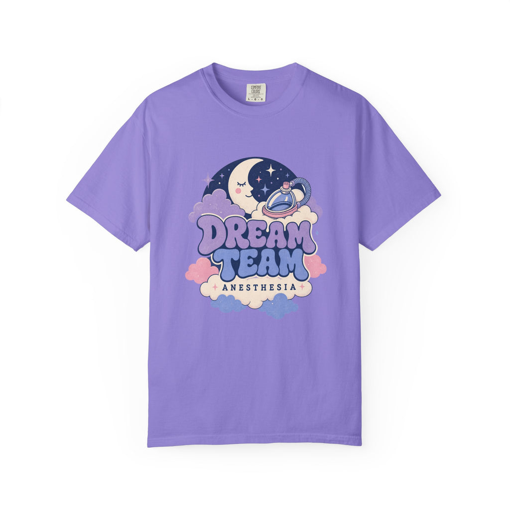 Dream Team Anesthesia moon, clouds and anesthesia mask Comfort Colors 1717 tee in Violet