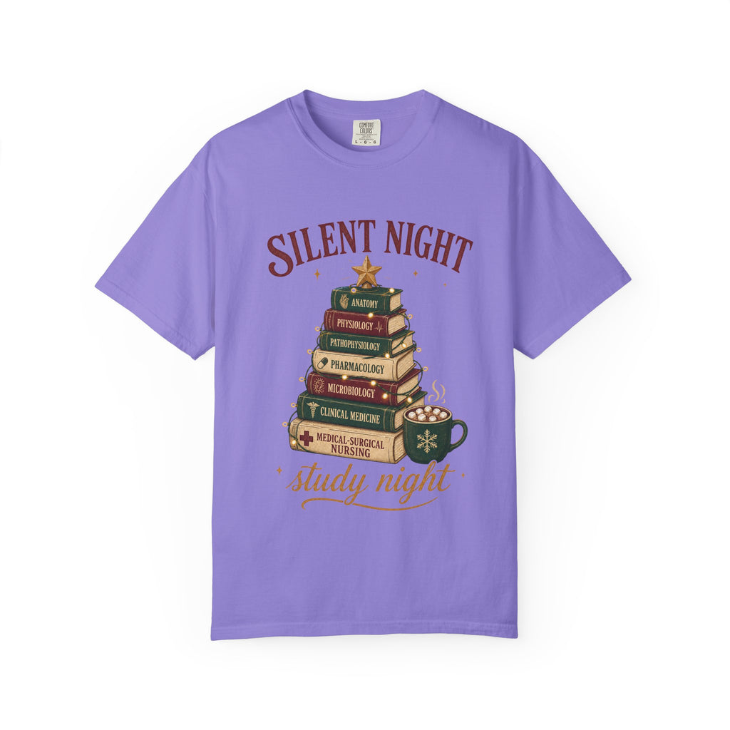 Silent Night Study Night medical textbook Christmas tree Comfort Colors 1717 tee in Violet