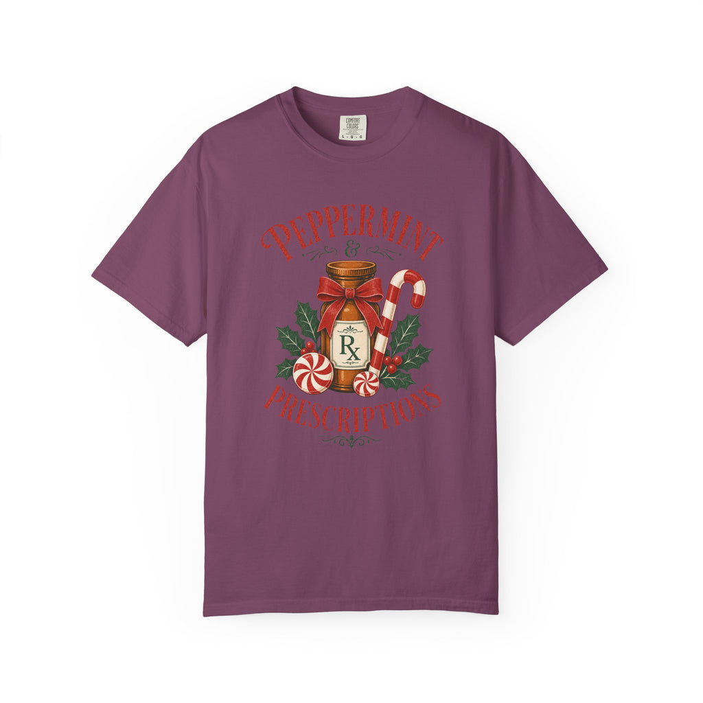 Peppermint and Prescriptions Rx bottle Christmas Comfort Colors 1717 tee in Berry