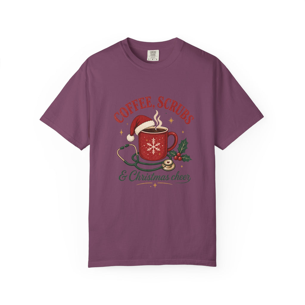 Coffee Scrubs and Christmas Cheer printed Comfort Colors 1717 tee in Berry