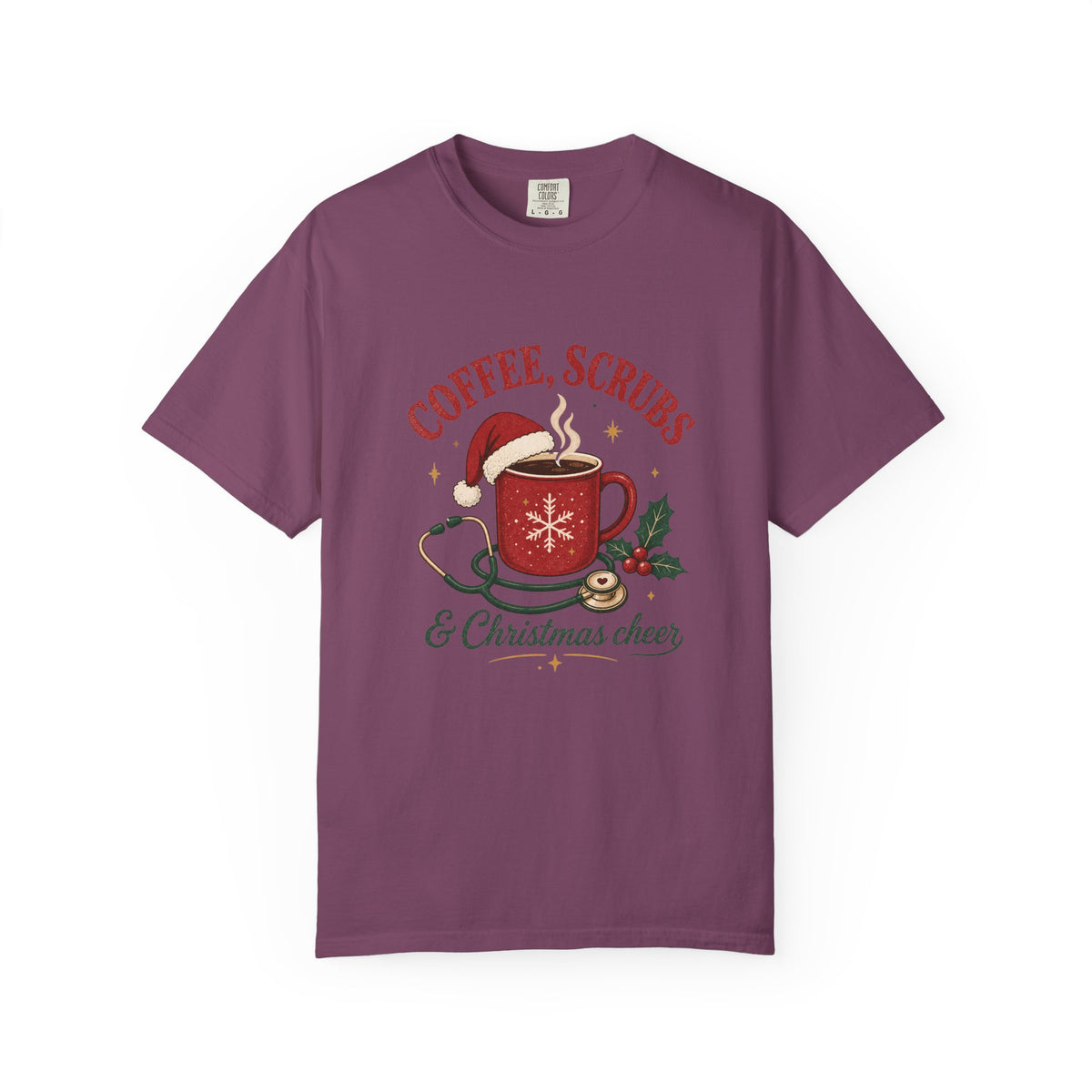 Coffee Scrubs and Christmas Cheer printed Comfort Colors 1717 tee in Berry