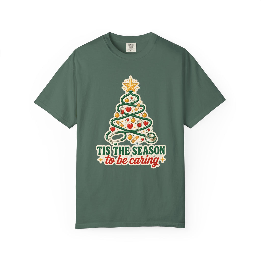 Tis the Season to Be Caring stethoscope Christmas tree Comfort Colors 1717 tee in Blue Spruce
