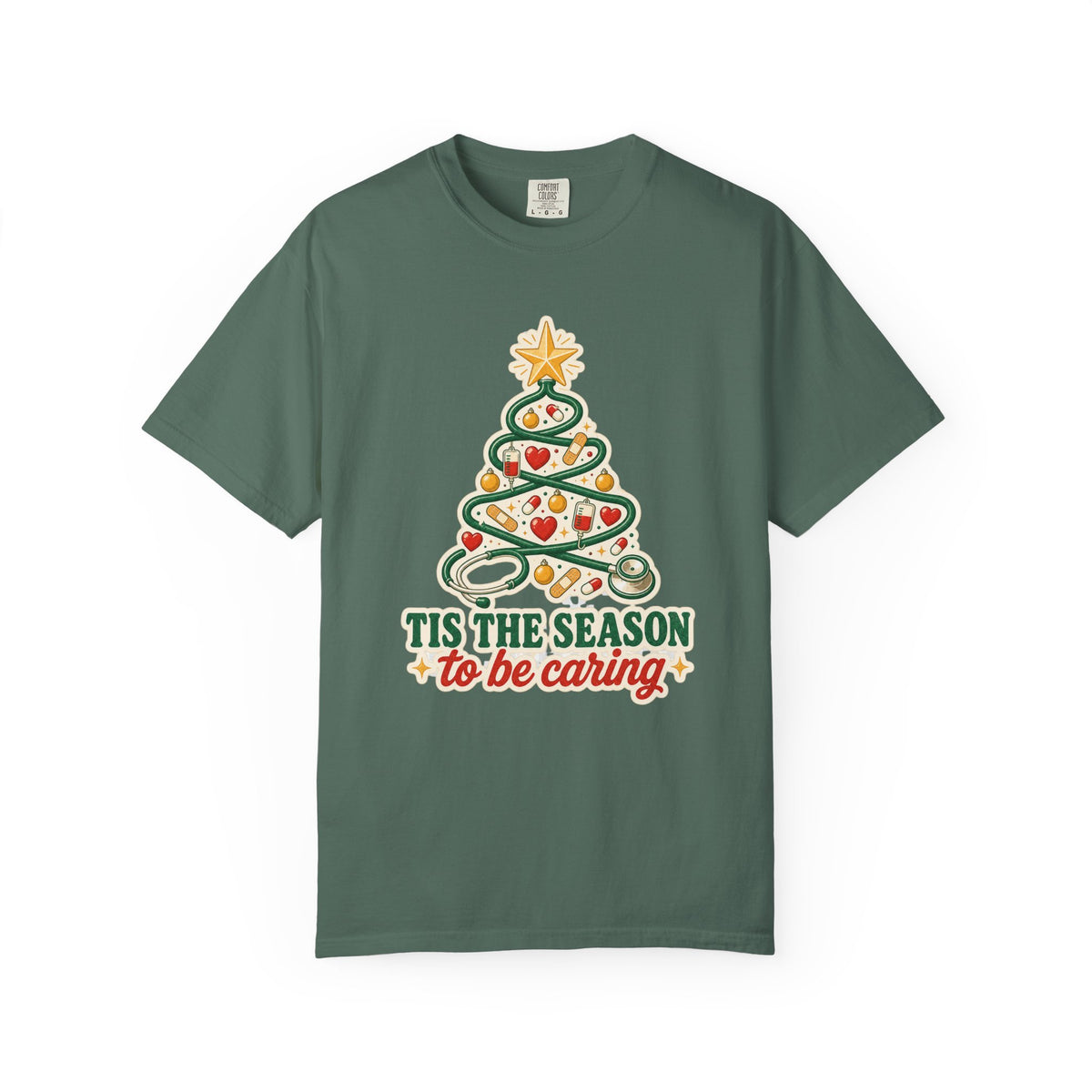 Tis the Season to Be Caring stethoscope Christmas tree Comfort Colors 1717 tee in Blue Spruce