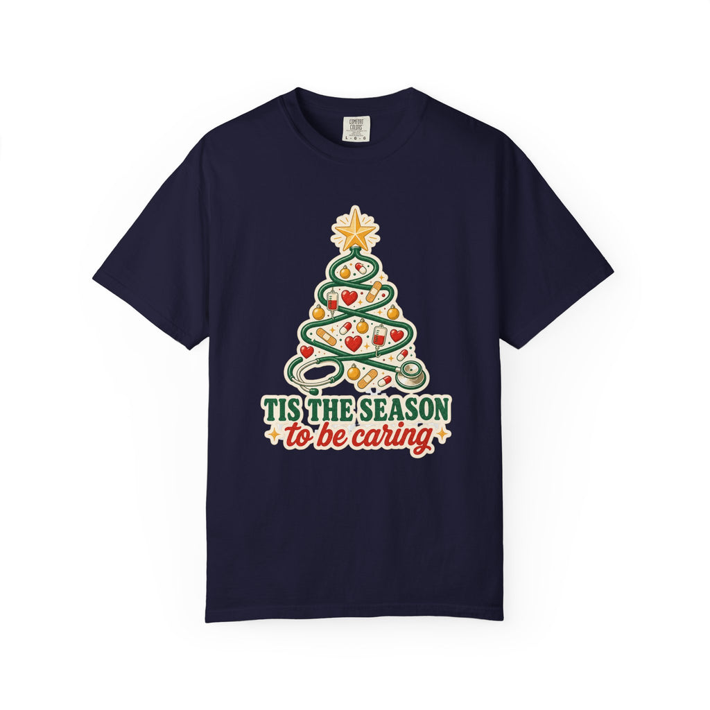 Tis the Season to Be Caring stethoscope Christmas tree Comfort Colors 1717 tee in True Navy