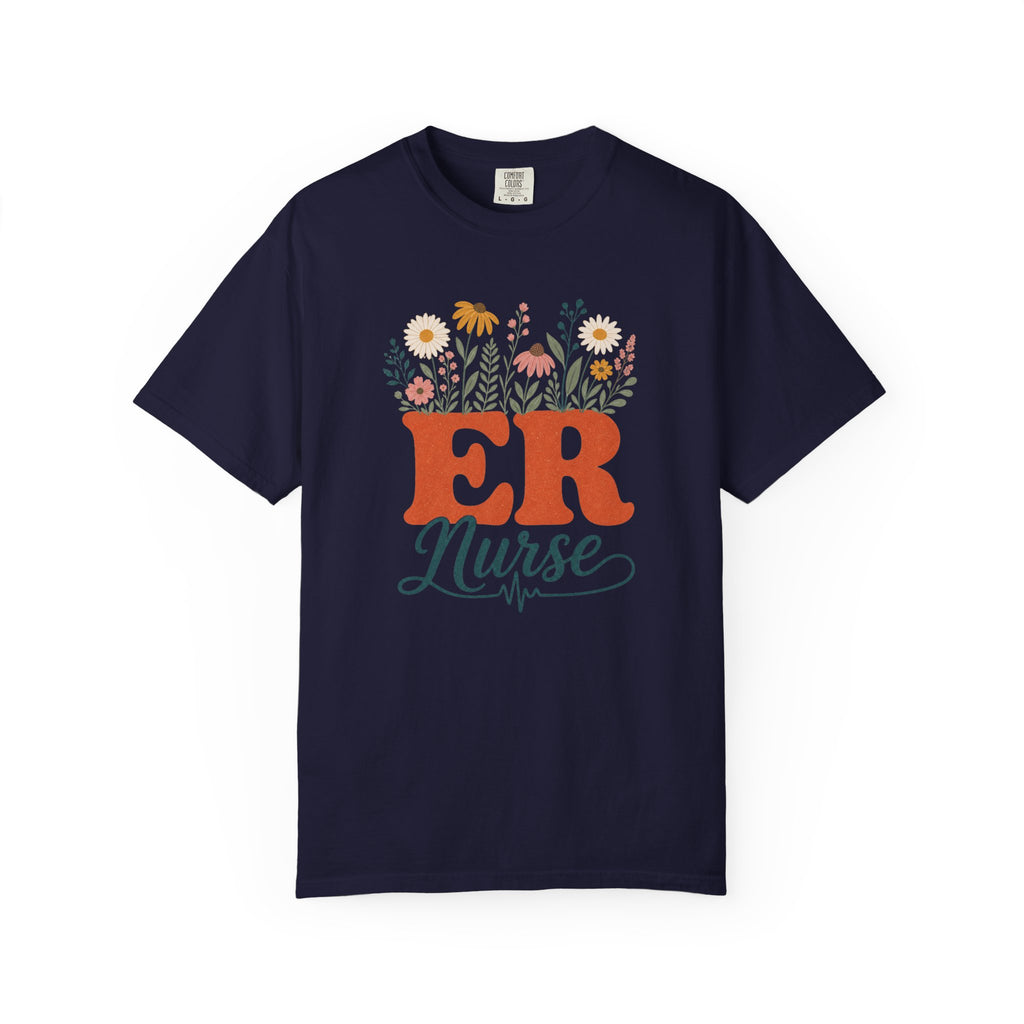 Wildflower ER Nurse Comfort Colors 1717 tee in True Navy