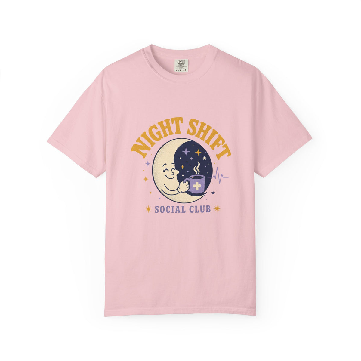 Night Shift Social Club moon and coffee Comfort Colors 1717 tee in Blossom