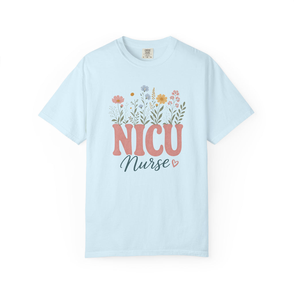 Pastel wildflower NICU Nurse Comfort Colors 1717 tee in Chambray