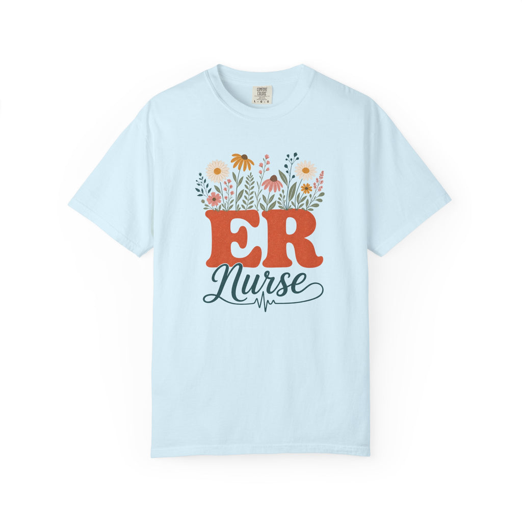 Wildflower ER Nurse Comfort Colors 1717 tee in Chambray