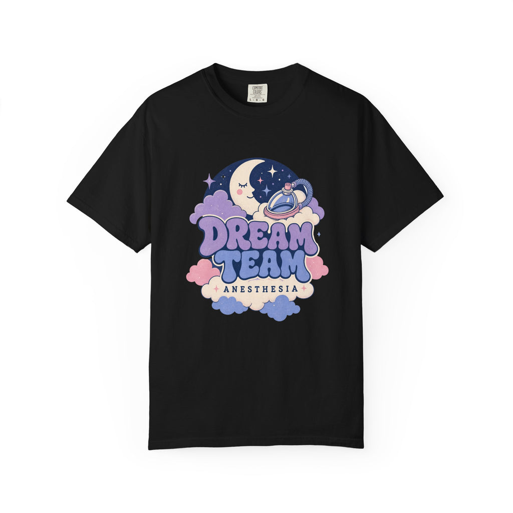 Dream Team Anesthesia moon, clouds and anesthesia mask Comfort Colors 1717 tee in Black