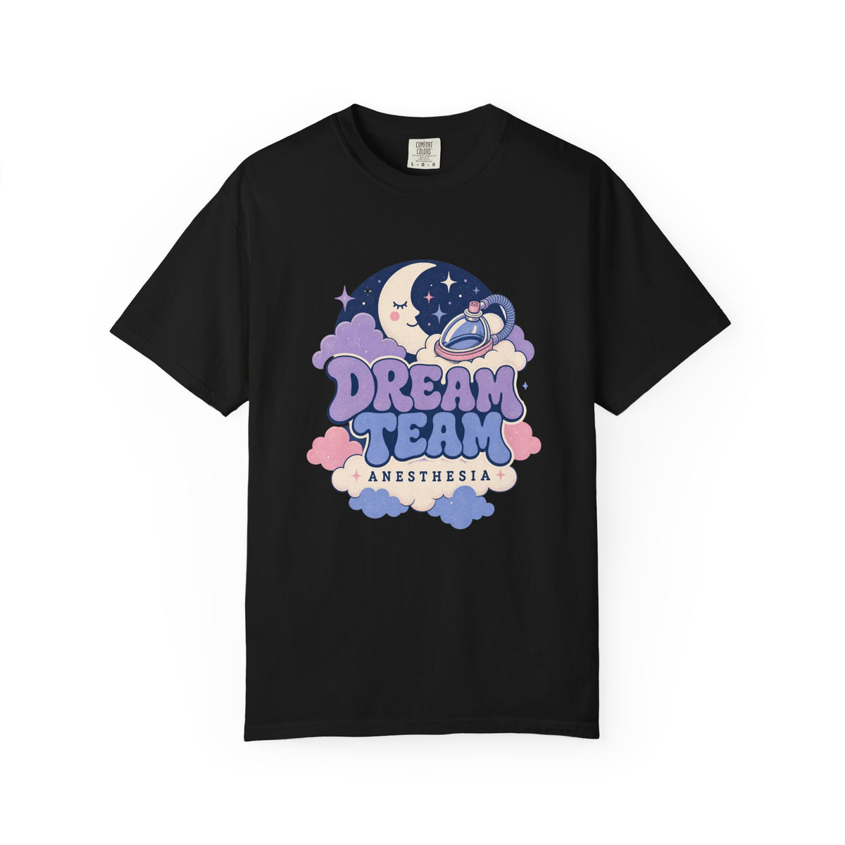 Dream Team Anesthesia moon, clouds and anesthesia mask Comfort Colors 1717 tee in Black