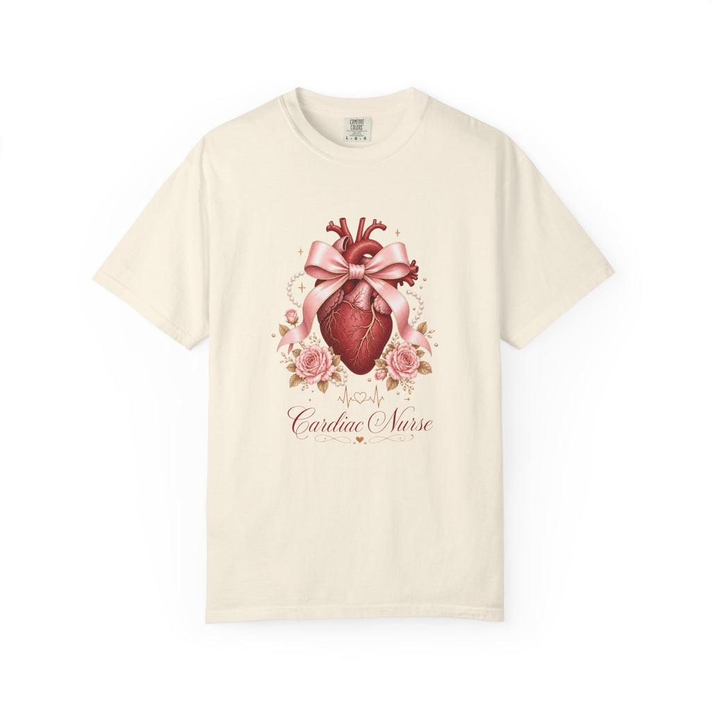 Cardiac Nurse anatomical heart, pink bow and roses Comfort Colors 1717 tee in Ivory